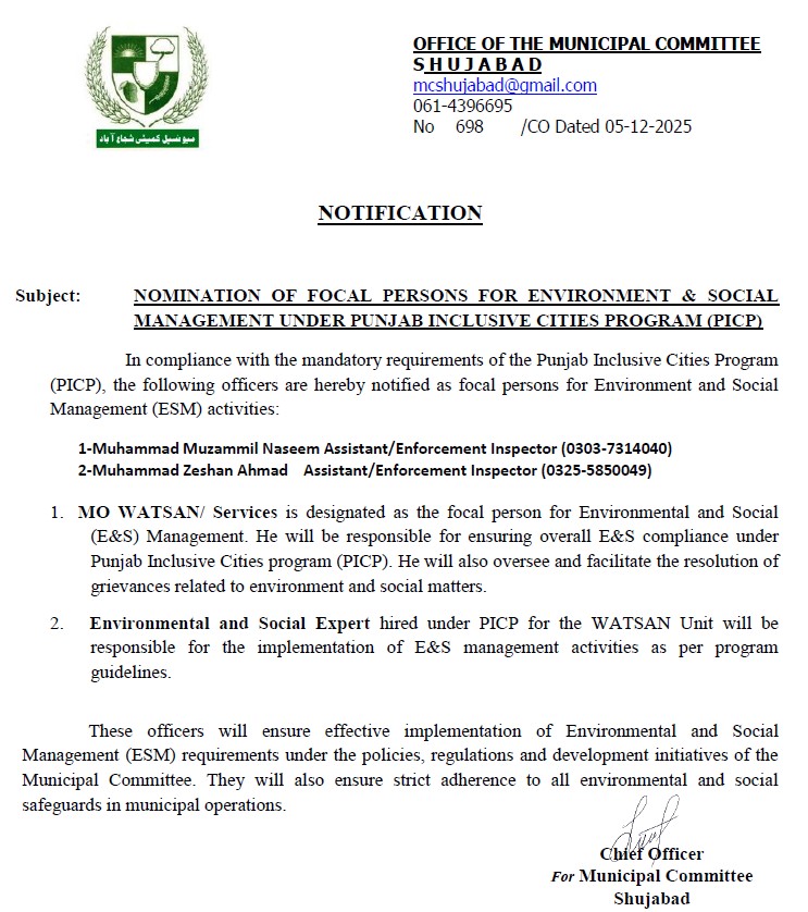 Nomination of Focal Persons for E&SM  